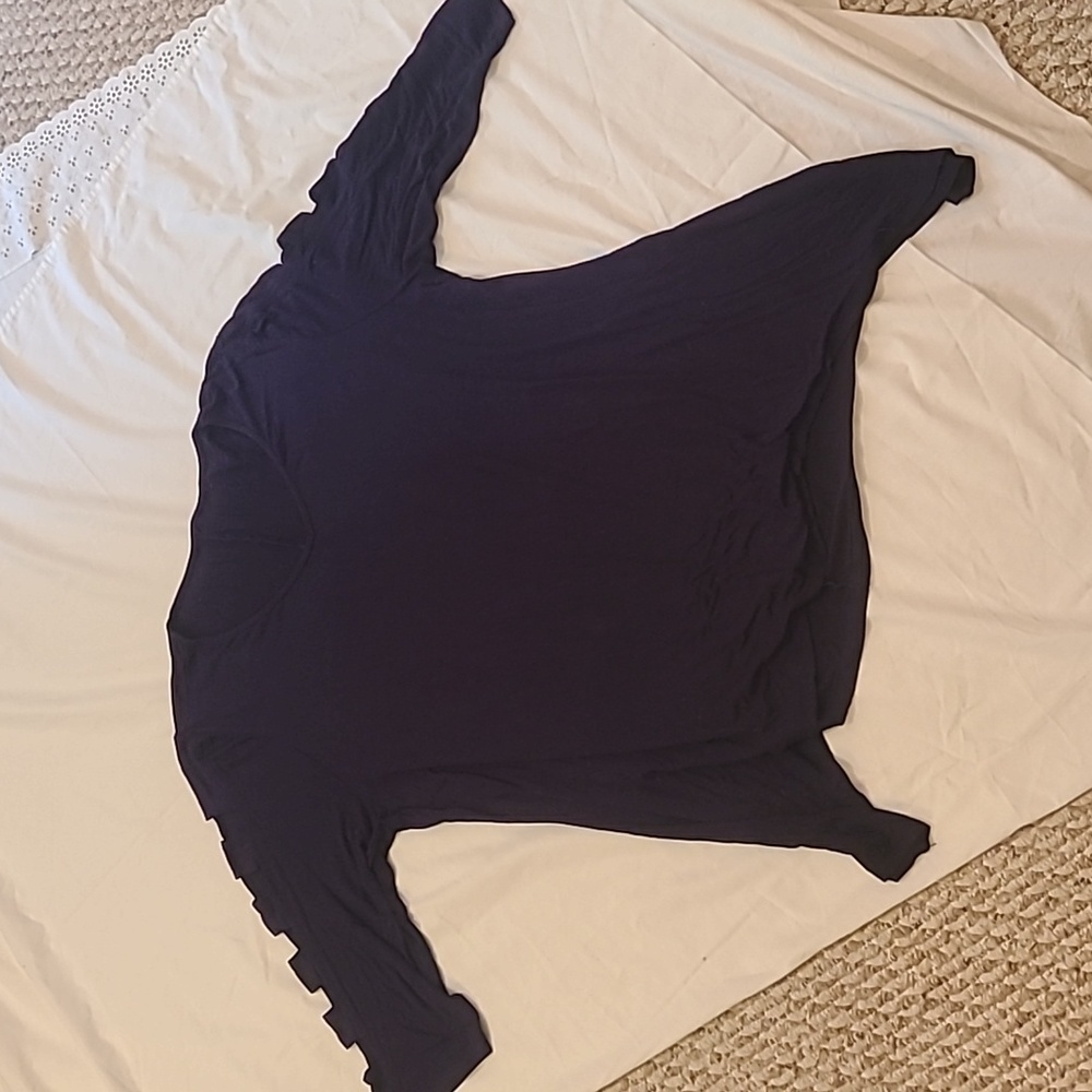 Navy Cotton Quarter Sleeve Top with Cutouts on the Sleeve